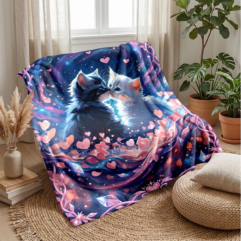 Rainbow Mermaid Cat Pattern Theme Blanket Lightweight Warm Flannel Blanket Decorative Throw Blanket for Home Decoration