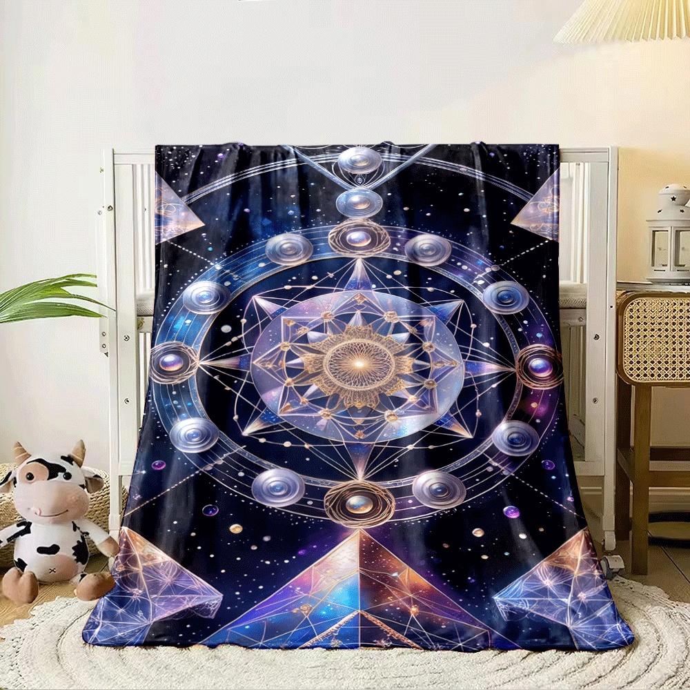 A celestial geometric design featuring radiating circles, stars, and pyramids. for all seasons blanket lunch break throw gift 80cm x 120cm