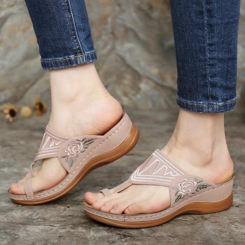 Summer new sandals women's large size simple embroidered flower sandals breathable toe flip-flops