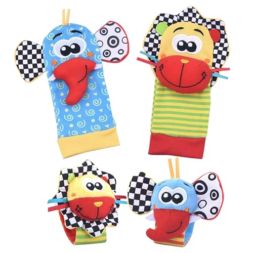 Baby Wrist Rattles Socks and Foot Finder Toy Set, 4-Piece Newborn Learning Toys for 0-12 Months Boys Girls, Baby Shower Birthday Gift