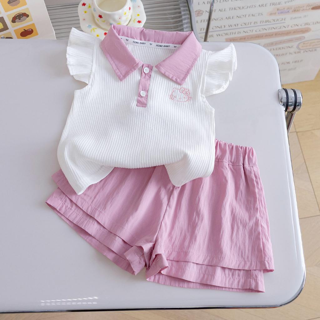Girls Summer Sweet Polo Shirt Set Stylish Flutter Sleeve Casual Two Piece Outfit For Kids