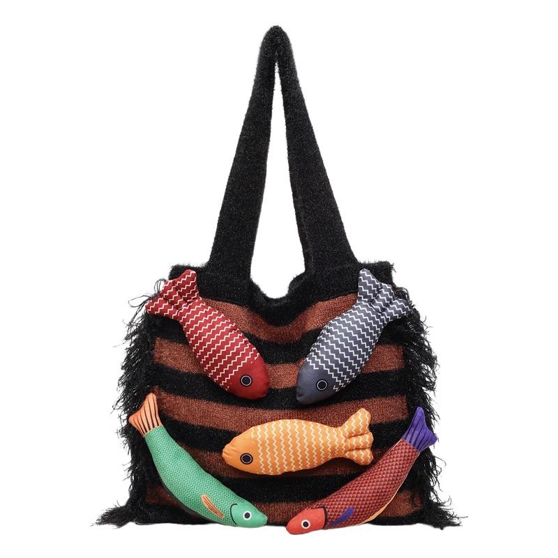 Cute Little Fish Knitted Tote Bag Summer Breathable Lightweight Versatile Commuter Shoulder Bag for Family Weekend Trips