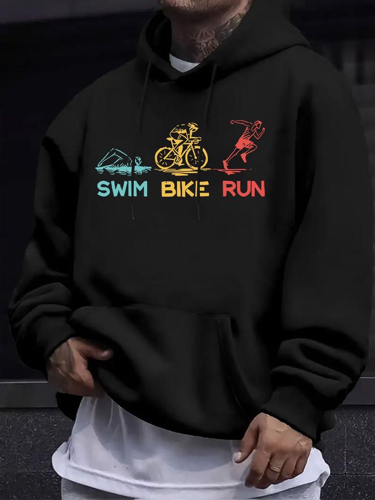 American/European Style unisex Autumn/Winter Printed Hooded Long-Sleeve Sweatshirt, Triathlon Sports Illustration Hooded Print Sweatshirt, Vibrant Cas