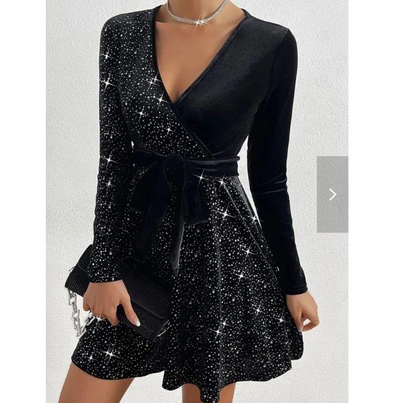 

Платье из бархата с пайетками, европейское и американское, новая женская одежда на осень и зиму, однотонное, сексуальное бархатное платье с пайетками Black M