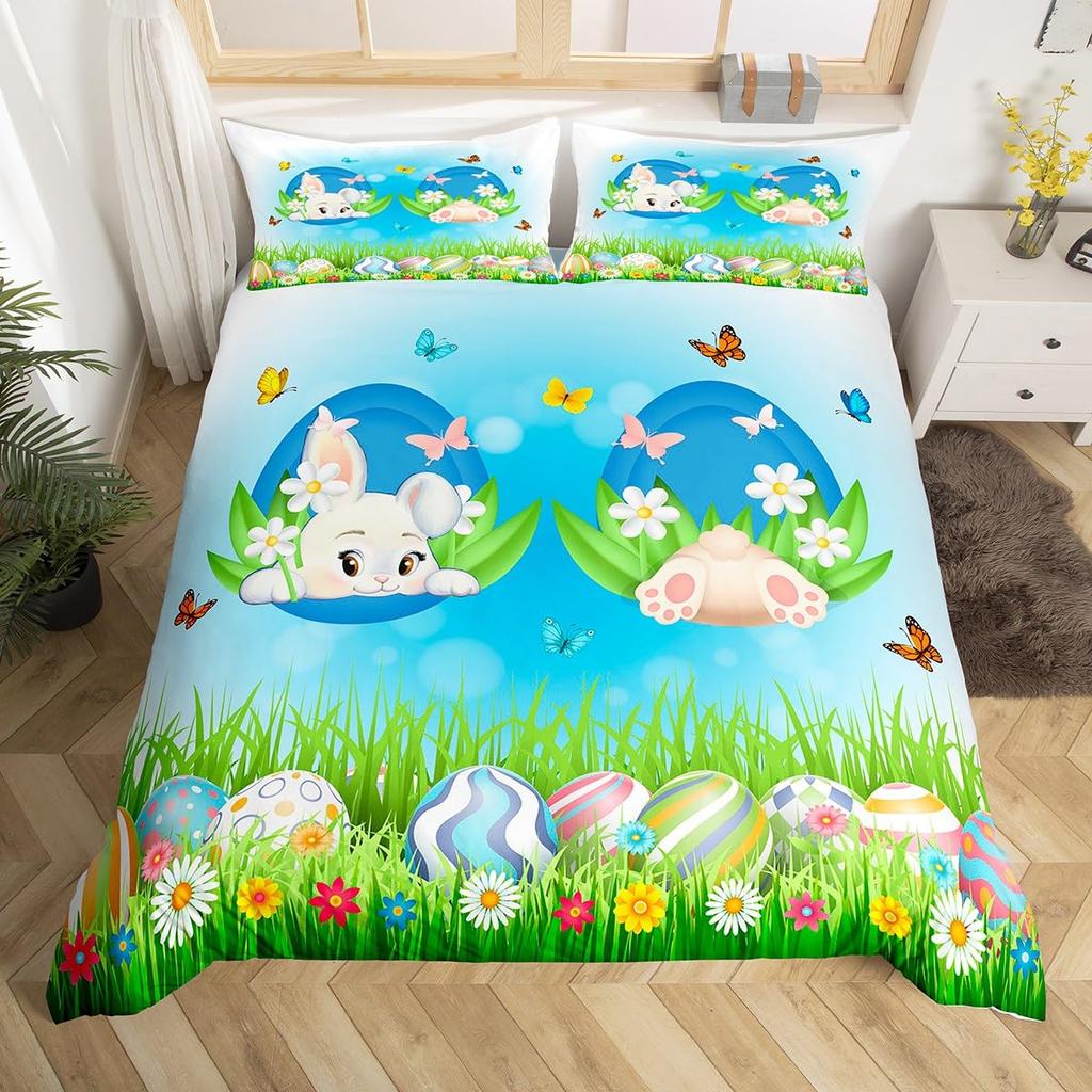 Easter Eggs Duvet Cover Boys Girls Cartoon Colorful Egg Theme Bedding Set Happy Easter Comforter Cover Floral Flower Quilt Cover