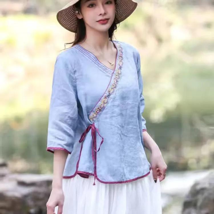 WTEMPO Women Seven Quarter Sleeve Loose Fitting Casual Tops Spring Summer V-neck Embroidered Mixed Cotton Linen Shirts