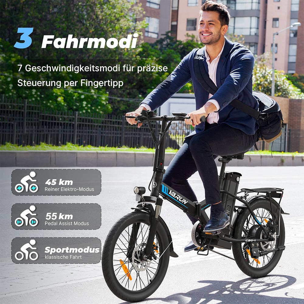 Elektrisches Fahrrad Faltbar VARUN C20 250W Motor 20" Reifen 48V 7.8AH Erwachsenen E-Bike Höchstgeschwindigkeit 25Km/h 7 Gänge Max. Reichweite 55Km Zuladung 150Kg Schwarz