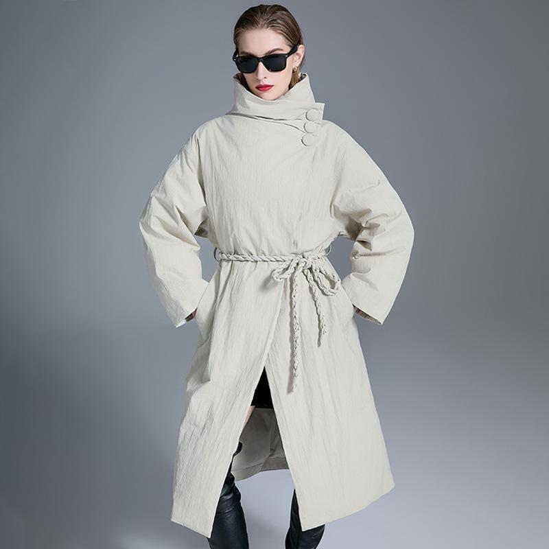 pleated kinked belt loose new down jacket women's long large size thin design white duck down jacket
