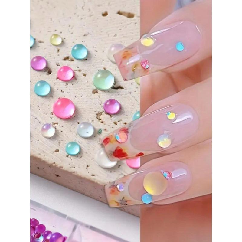 Multi-Colored Mermaid Bubble Beads For Nail Art,12 Grids Flat Bottom Pearlescent Rhinestones, Semi-Circular Manicure Beads, Nail Charms