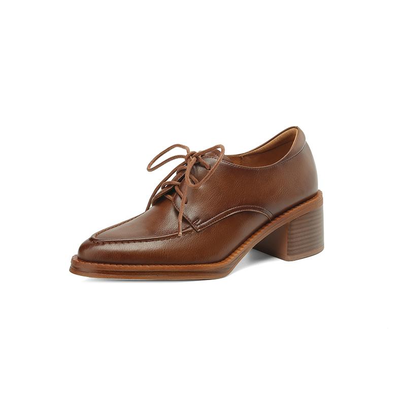 2024 Nový Luxusní Design Dámské Ležérní Kožené Boty Pravá Kůže Boty na Vysokém Podpatku s Kulatou Špičkou Britské Šněrovací Derby Boty Lodičky