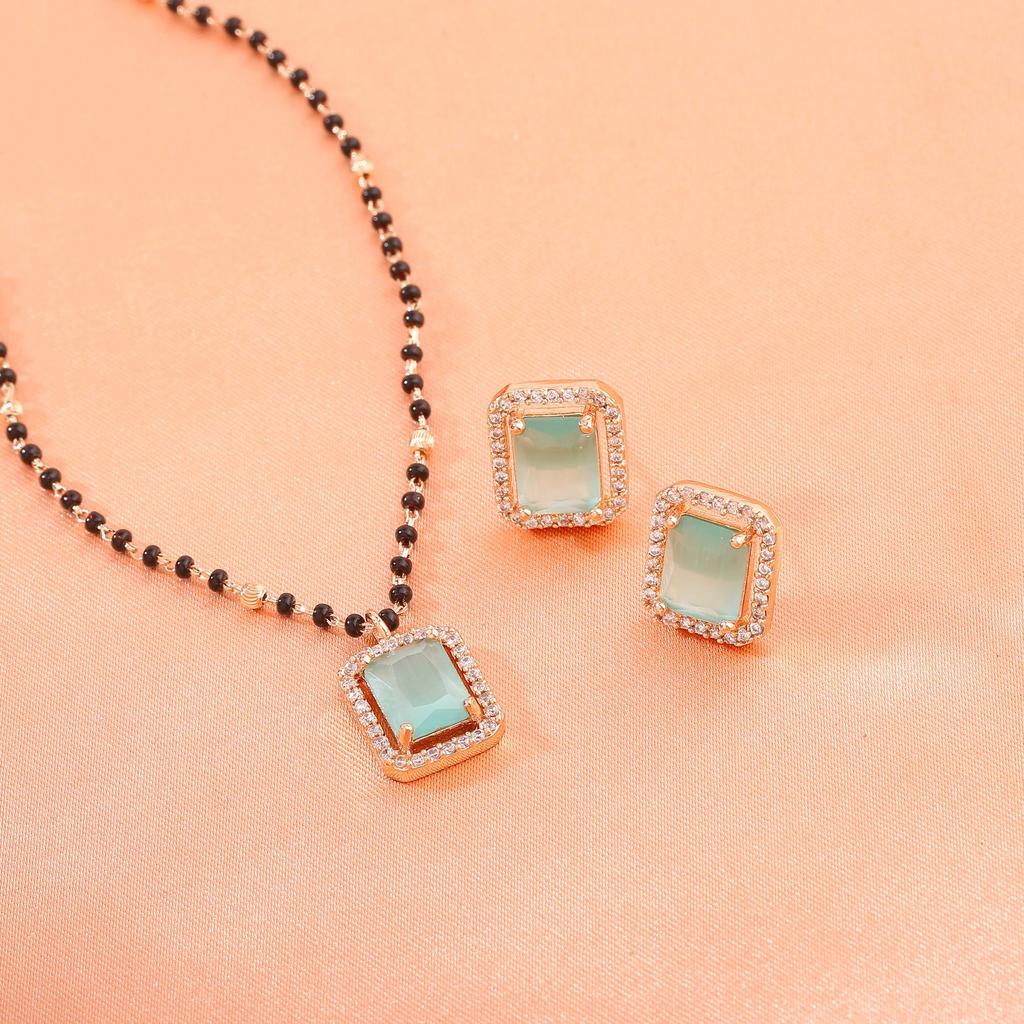 Estele розовое золото с фианитом, изящный квадратный дизайнерский комплект ожерелья Mangalsutra с мятно-зеленым камнем для женщин