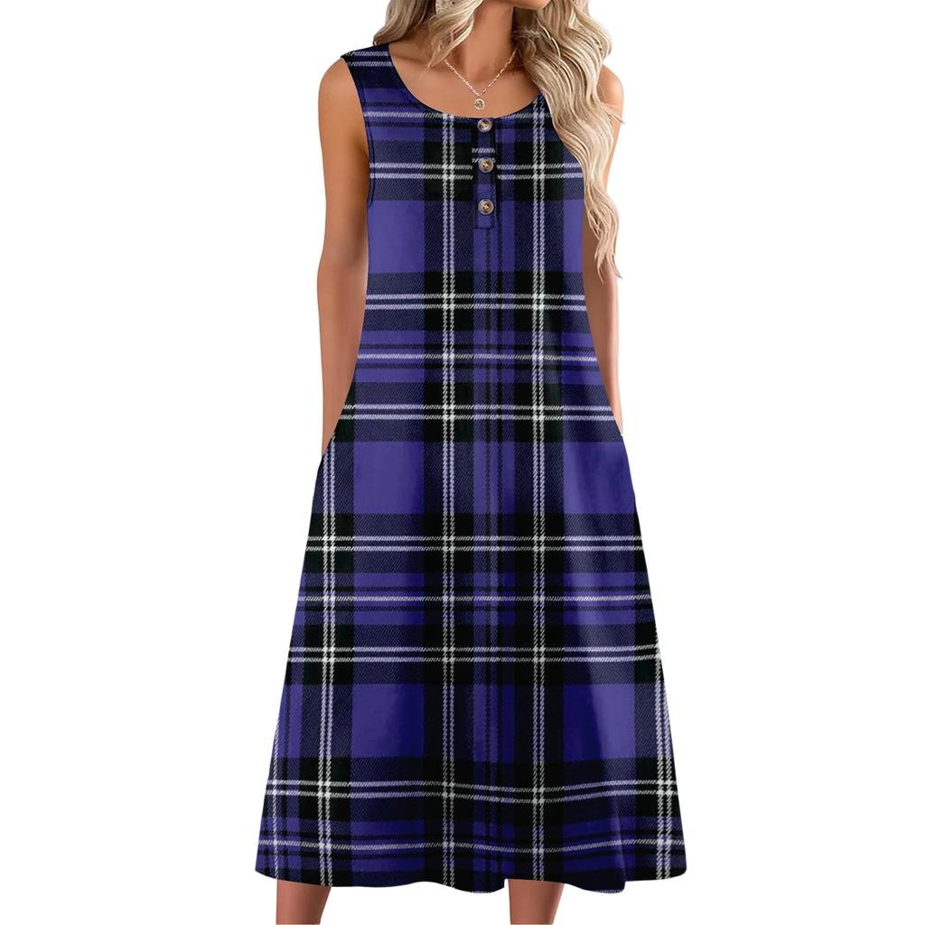 Damenmode lässiges ärmelloses Knopfdress mit Karomuster und Tasche