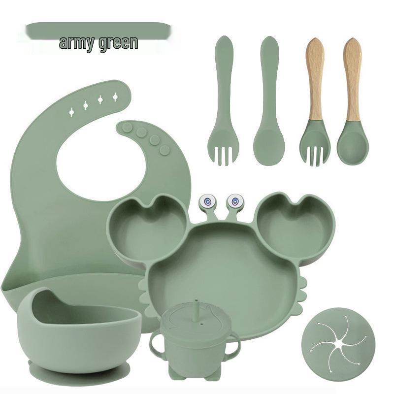 Crab 9-Piece Tableware Set: Silicone Bib, Baby Food Bowl, Fork, Spoon, Compartmentalized Meal Plate - Food Grade