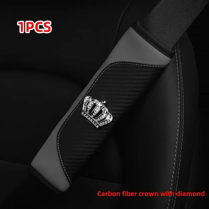 Car Seat Belt Cover Shoulder Pad Leather Seat Belt Crown Crystal Rhinestones Seat Safety Belt Case For Car Shoulder Strap Pad