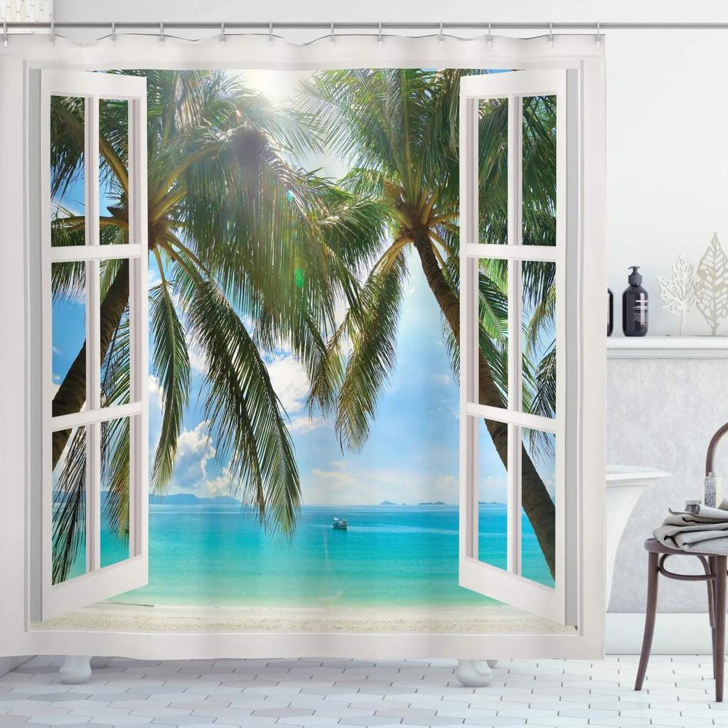 Seaside Ocean Shower Curtain Summer Beach Water Palm Tree Hawaii Landscape Fabric Bathroom Decor Curtains With Hooks Blue Green