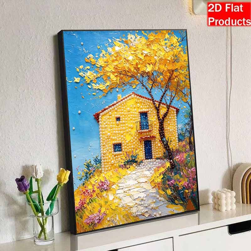 DIY Frameless Pearl Painting Kit Yellow House Scenery 3D Shiny Bead Art Canvas Relaxing Craft for Home Wall Decor Gift Handmade Artwork