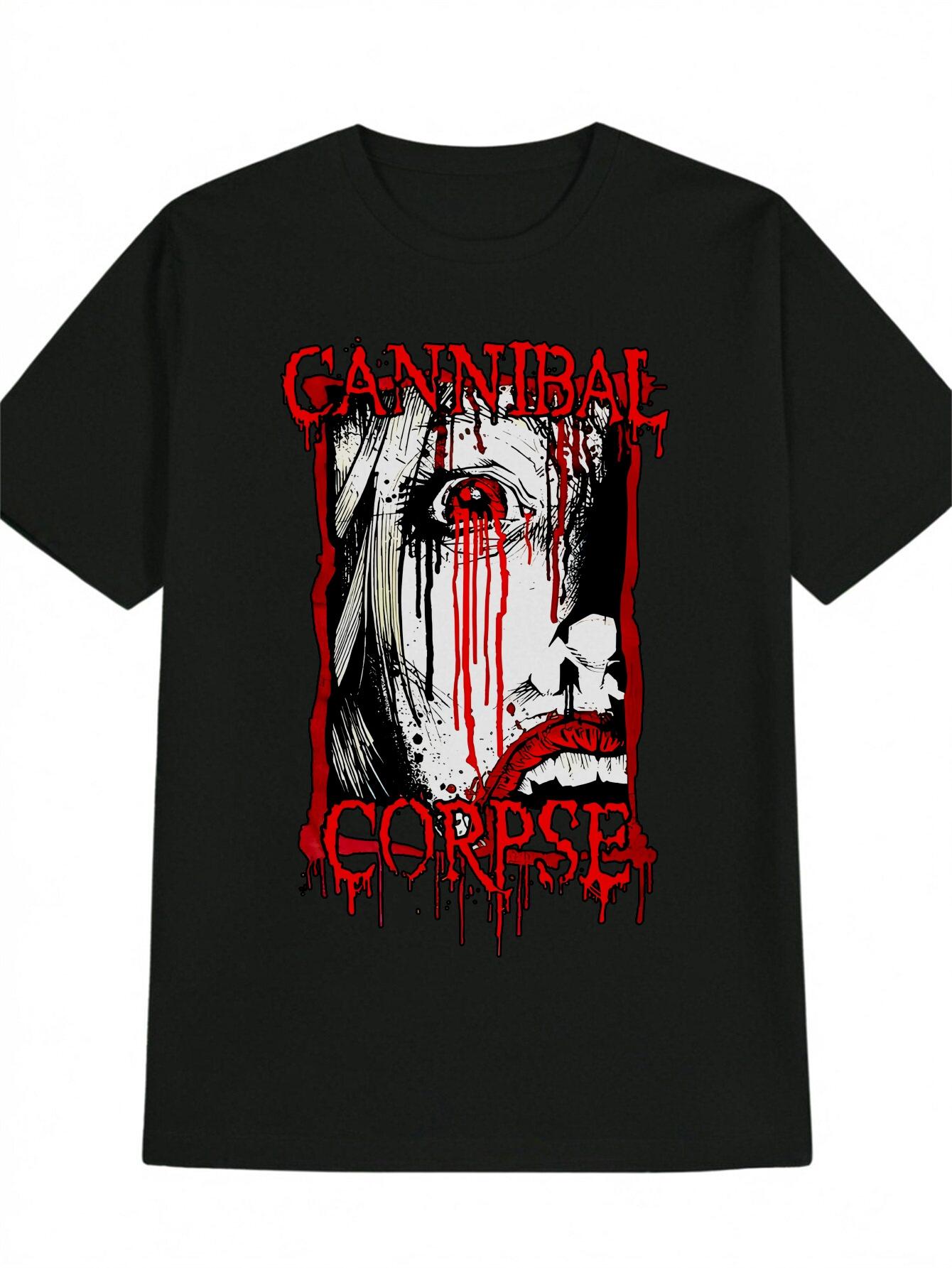 Casual Crew Neck T-shirt with Intricate Red & White Face Print - Gannibal Corpse Design M