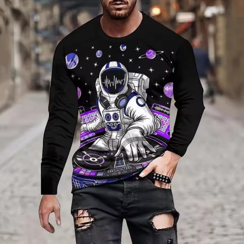 Street Personality Fashion Astronaut Fun Summer Men 3d Printed Crew Neck Long Sleeve Sleeve T-Shirt Loose Casual Clothing