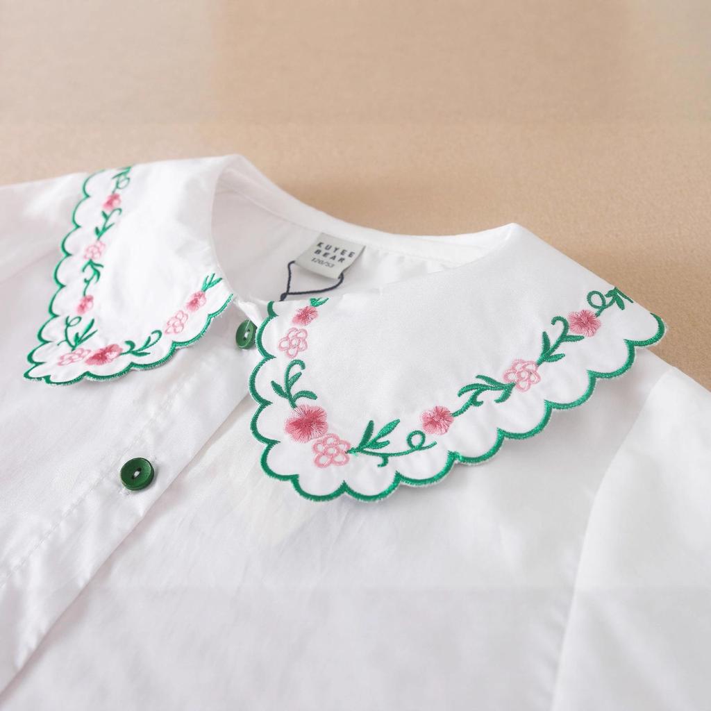 Academy Style Girls' Thin Shirt with Doll Collar & Embroidery – Autumn Collection for Older Children