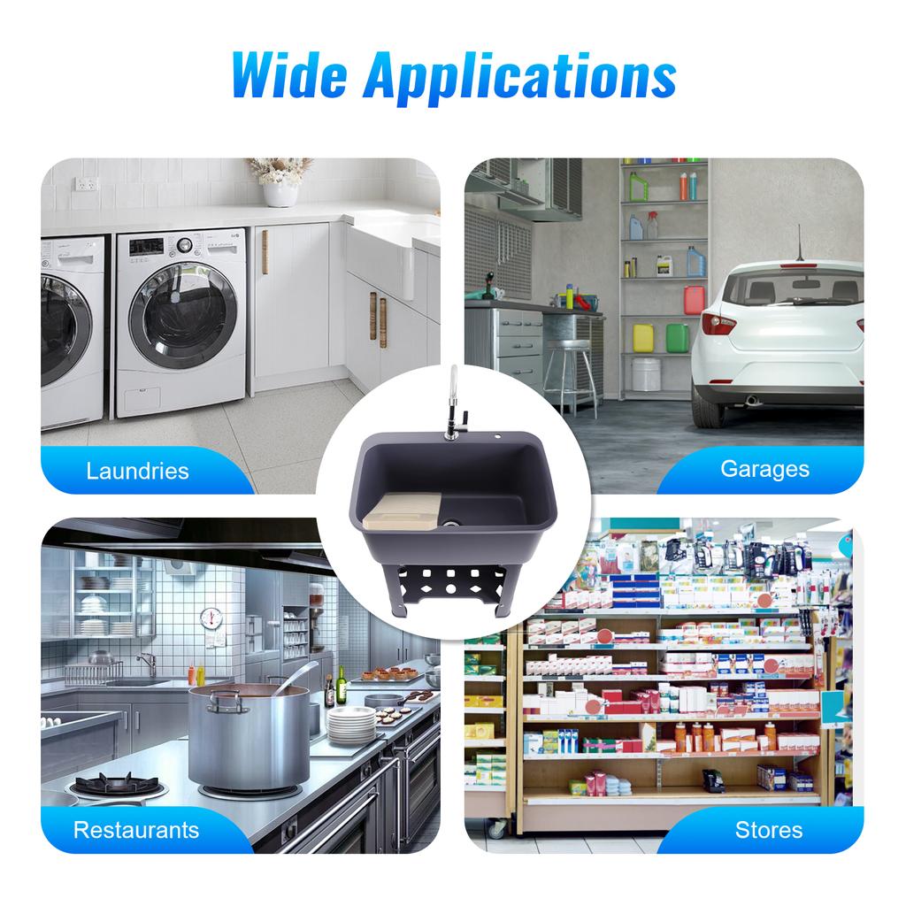 Freestanding Utility Sink with Faucet, 48L Large Laundry Sink, Grey/Black PP Basin for Laundry Room, Garage, Kitchen