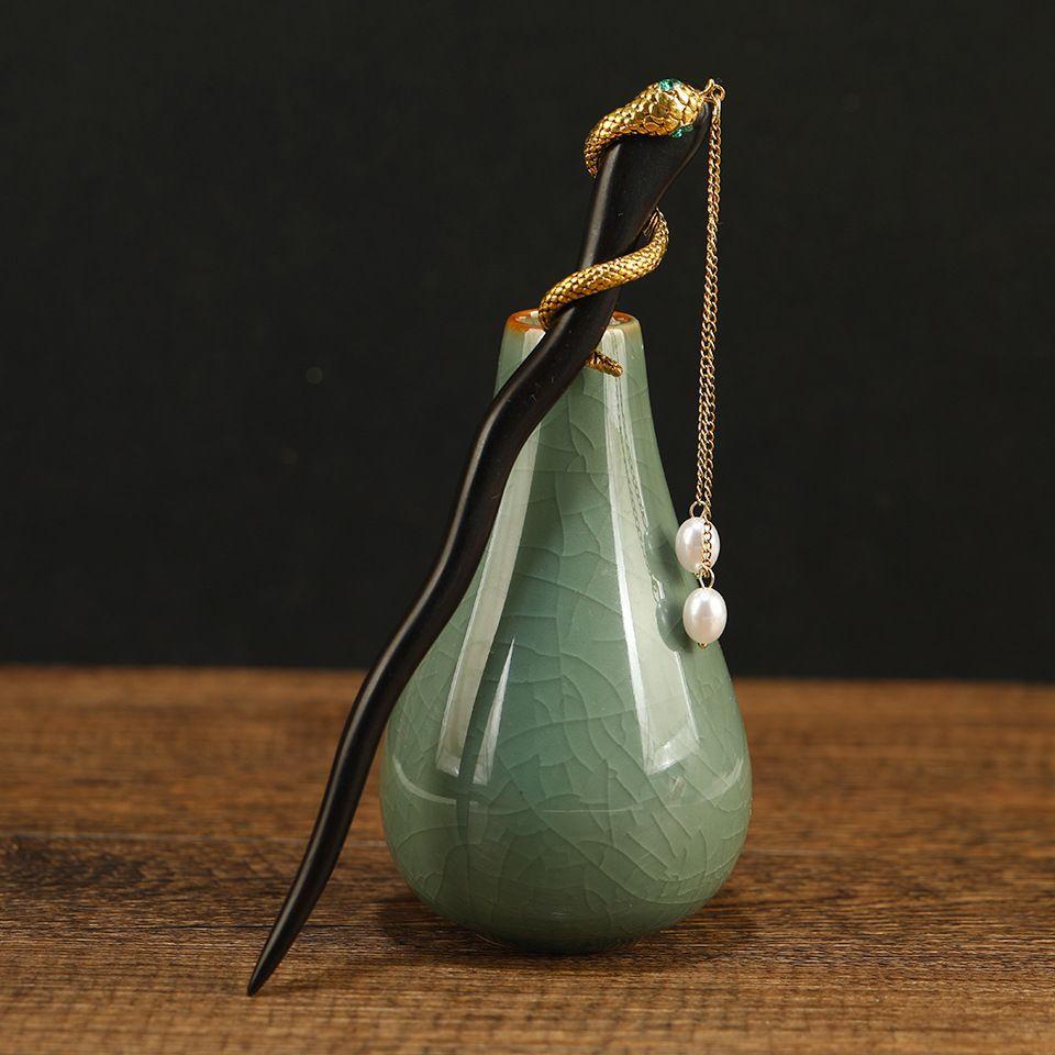 Vintage Ebony Snake Hairpin Retro Hanfu Hair Stick Tassel Pendant Bun Hair Accessories For Women