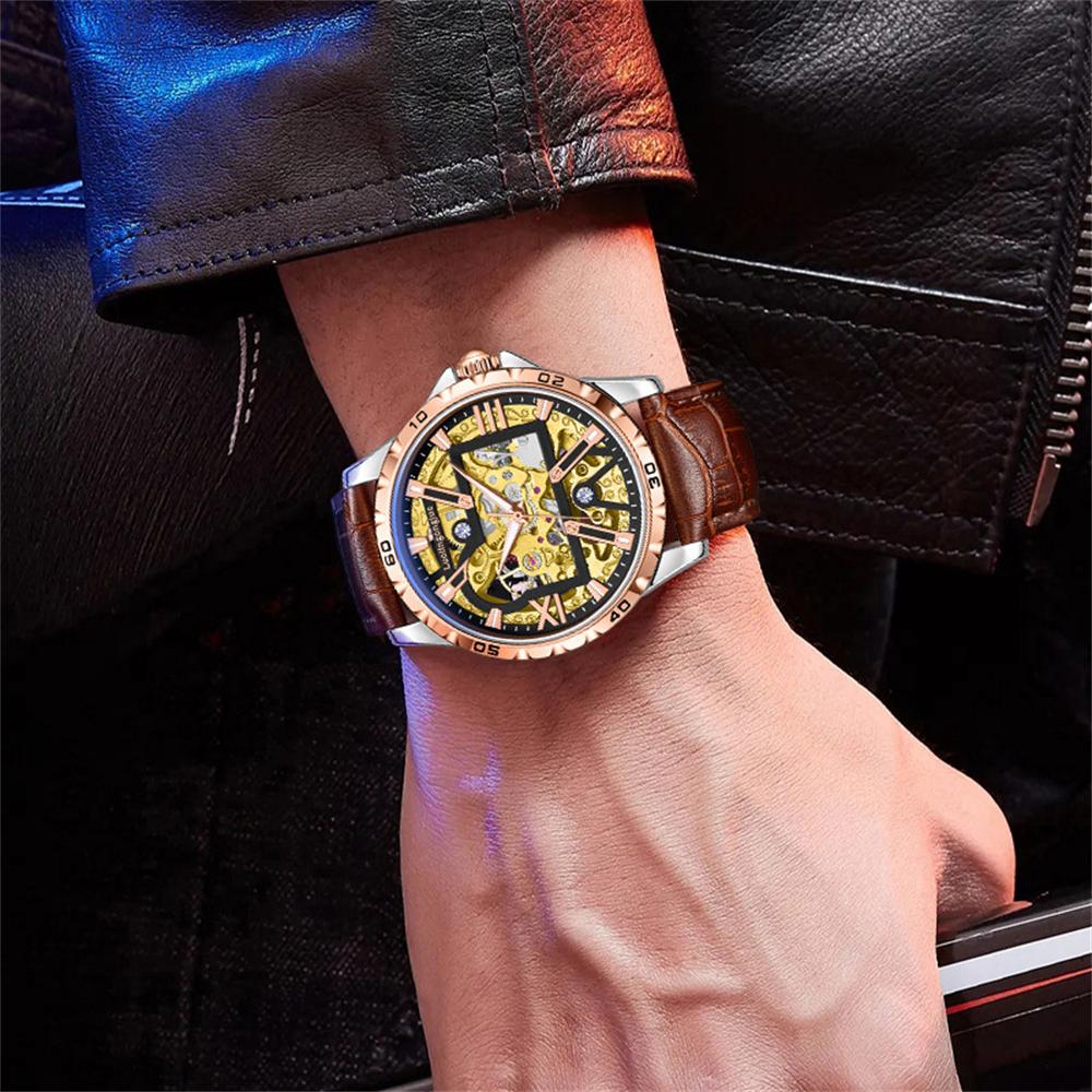 New Luxury Skeleton Automatic Mechanical Watch for Men Luminous Hands Stainless Steel Strap Retro Business Watches