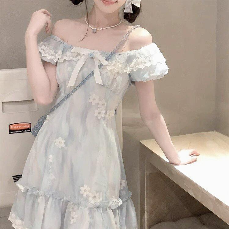 Summer Art Department Milk Mist Blue Dopamine Floral Cake Dress First Love Princess Micropuff Skirt Fluffy Short Skirt