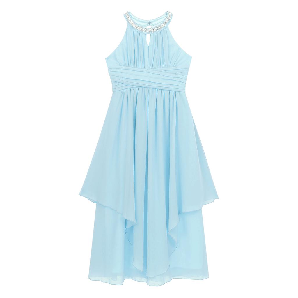 Kids Girls Sequined Neckline Chiffon Girls Flower Dress Junior Wedding Dance Party Graduation Gowns