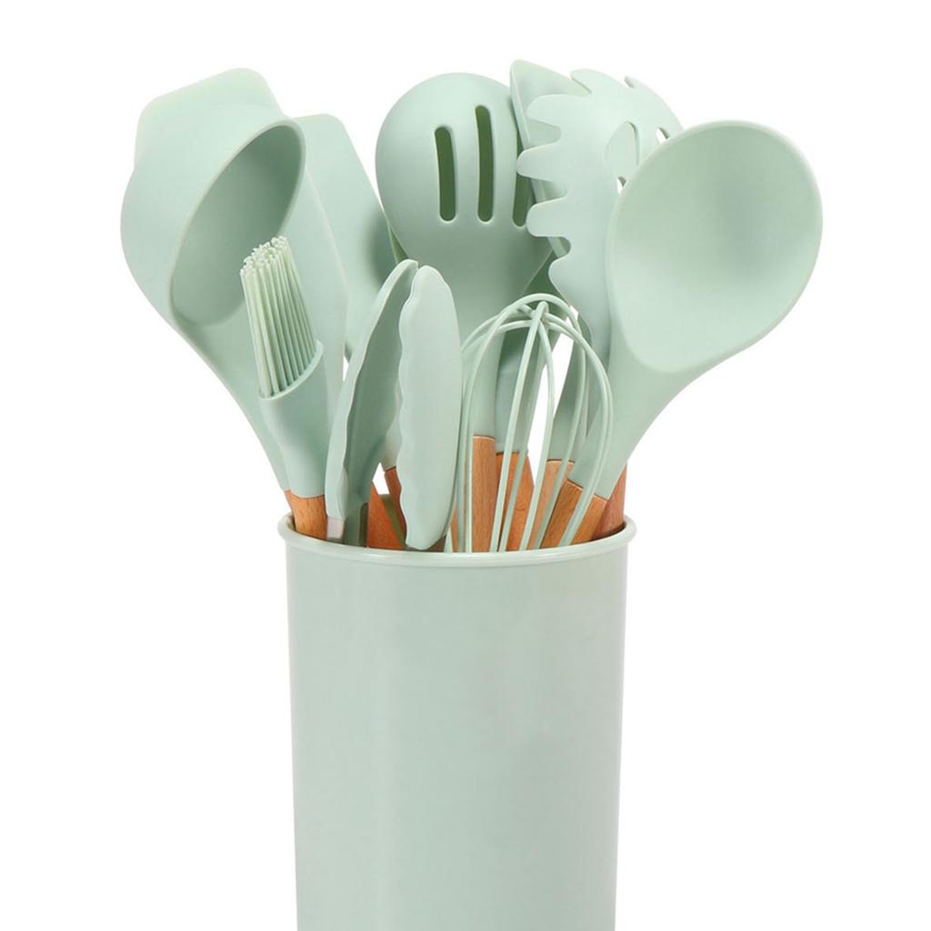 11 Pcs Silicone Kitchenware Set Heat Proof Wooden Handle Kitchen Utensils Set with Storage Bucket