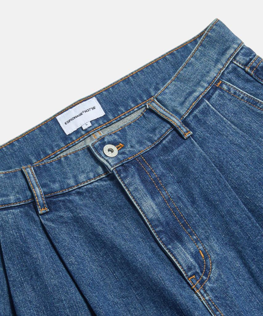 ESPIONAGE Double Pleats Denim Shorts Washed Indigo