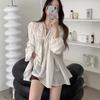 2026 Early Spring Korean V-neck Lace-up Puff Sleeve Chiffon Blouse