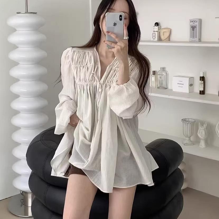 2026 Early Spring Korean V-neck Lace-up Puff Sleeve Chiffon Blouse