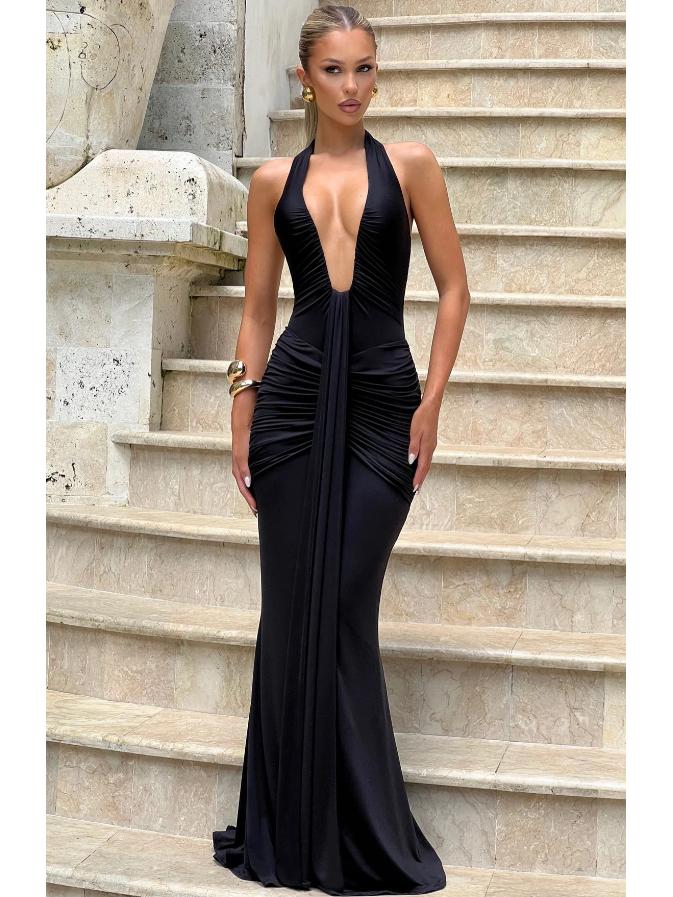 2025 Cross-Border Halter Deep V Evening Gown - Sexy Backless Long Pleated Dress