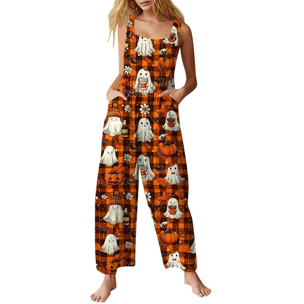 Womens Sleeveless Jumpsuit Halloween Print Cotton Casual One Piece Romper Loose Fit Pockets Wide Leg Full Length