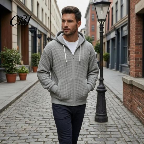 Fashionable Waffle Knit Hoodie Men's Hooded Jacket, Solid Zip Up with Adjustable Lightweight Athletic Outerwear Hood & Pockets, Long Sleeve