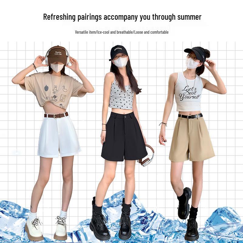 Women's Khaki High-Waisted A-Line Summer Shorts - Slimming, Petite, Ice Silk Casual Wear