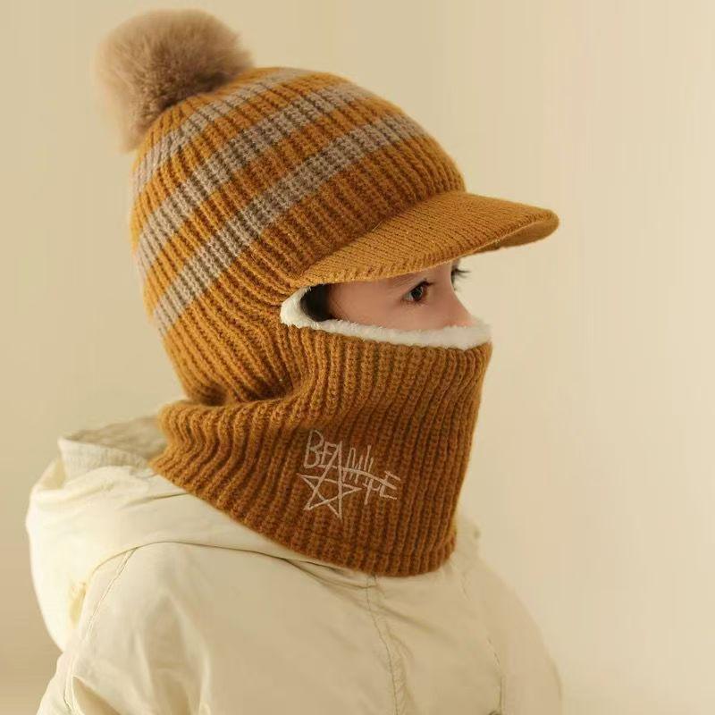 Kids' Winter Wool Hat with Velvet Lining & Duckbill Cap: Face Protection and Scarf Combo