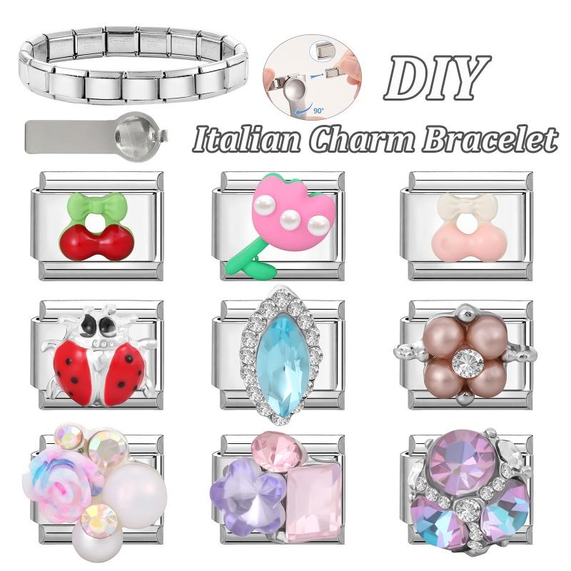 Fashion Cherry Flower Heart Star Dreamy Shiny Zircon Y2K Italian Charm Links Fit 9mm Bracelet Stainless Steel DIY Making Jewelry