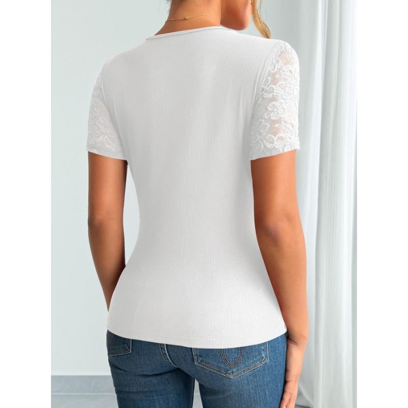 Summer V Neck Short Sleeve Lace Women Blouse 2026 New Slim Fit Solid Color Elegant T Shirt Office Casual Fashion Simple Lady Top Tees Clothing