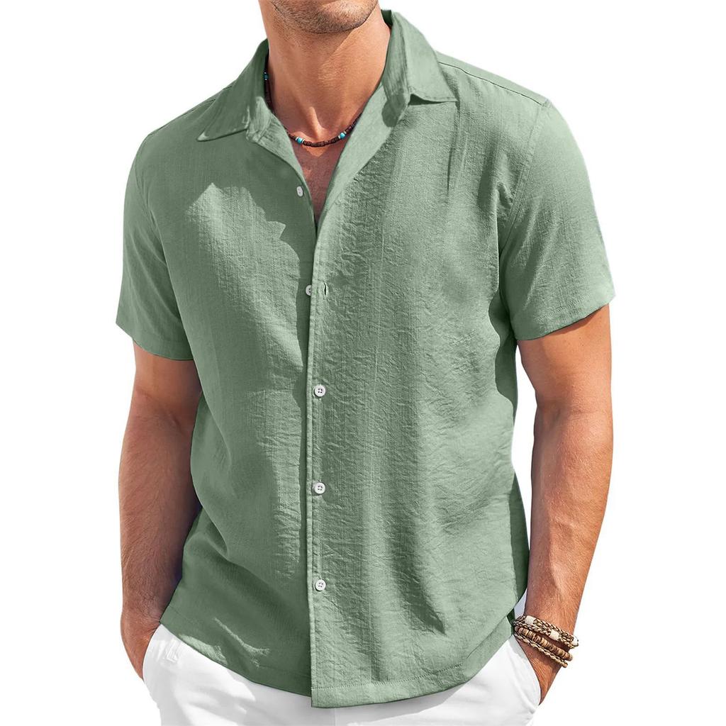 Men's Fashion Collar Solid Color Short Sleeved Cotton Linen Shirt Button Casual Shirt Top