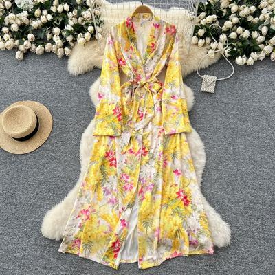 Modisches Frühlings-Damenkleid zum Schnüren, geraffte Taille, Revers, langärmliger Cardigan, elegantes bedrucktes Kleid