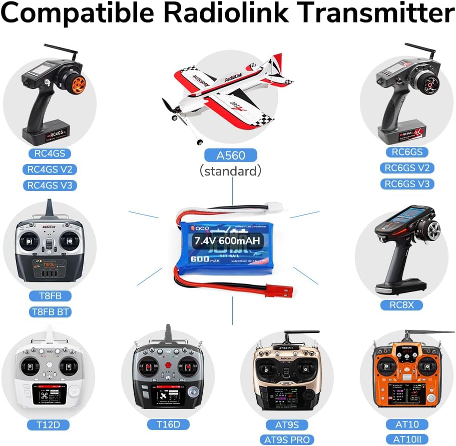 7.4V 600mAh 15C 2S LiPo Battery with 2-Pin JST Connector – Compatible with RC A560, SU27, D460, RC4GS V3, RC6GS V3