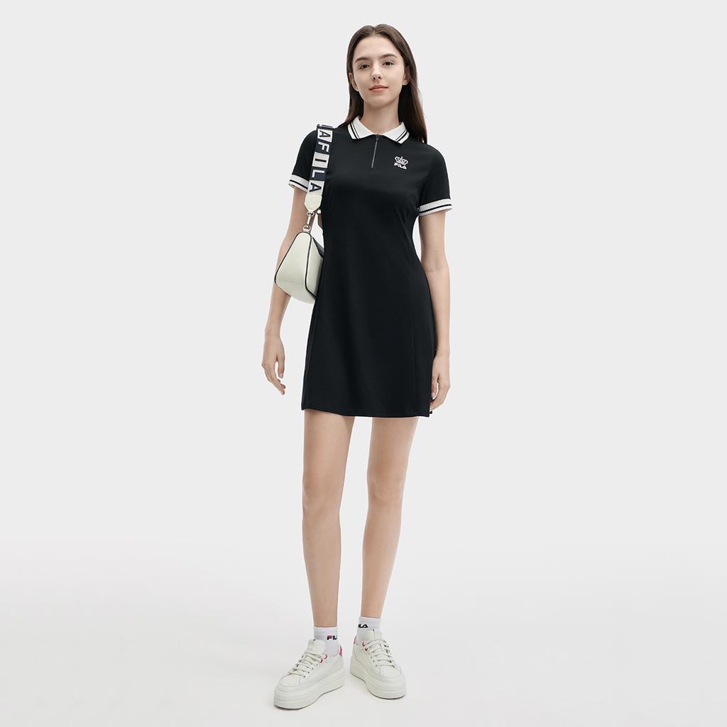 FILA Heritage Knit Moisture-Wicking Casual Polo Dress Women Dresses Black F11W428305FBK