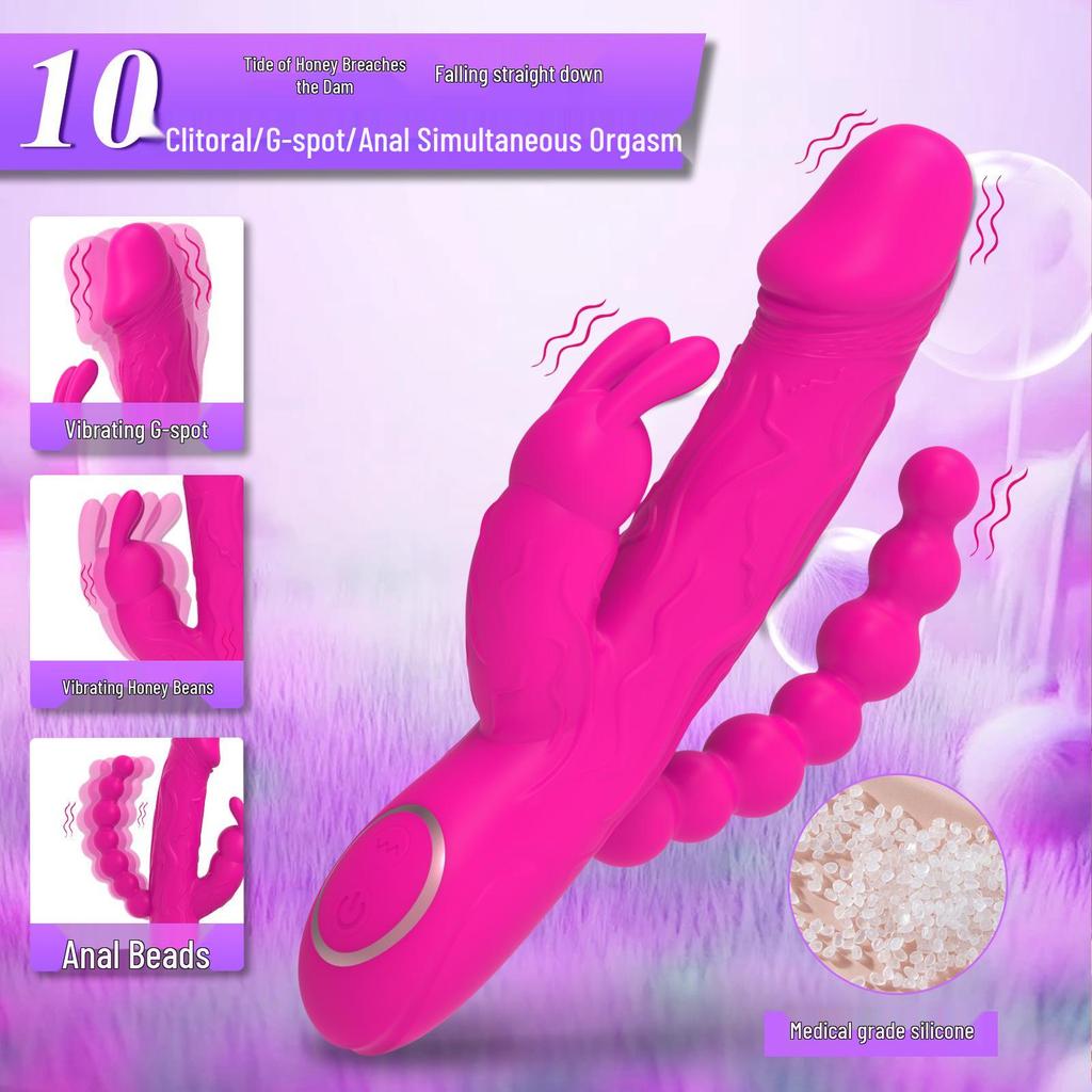 Triple-Motor Rabbit Vibrator with 10 Vibration Modes for G-Spot, Clitoral, and Nipple Stimulation with Anal Beads Massage