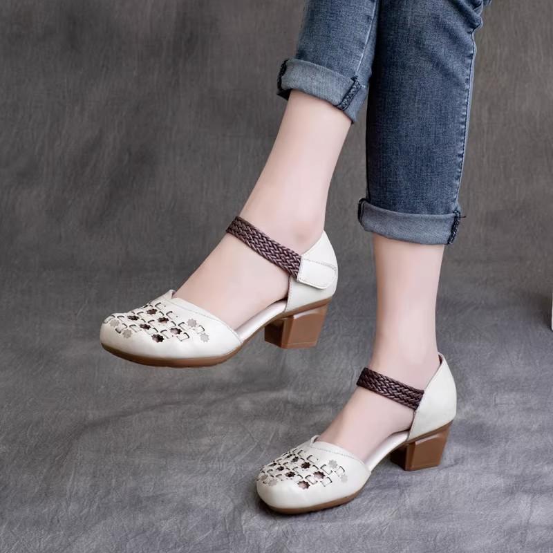 Fashion GKTINOO 2025 Summer New Retro Genuine Leather Shoes Woman Retro Hollow Sandals Female Hook & Loop Thick Heels Women's Shoes