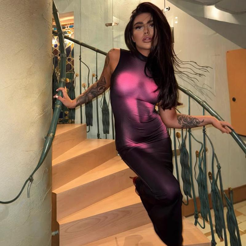 Sexy Women's Clothing, Fashionable, Cool and Handsome 3D Printing Sleeveless Slim-fitting High-elastic Dress, Hip-wrapped Long Dress for Women