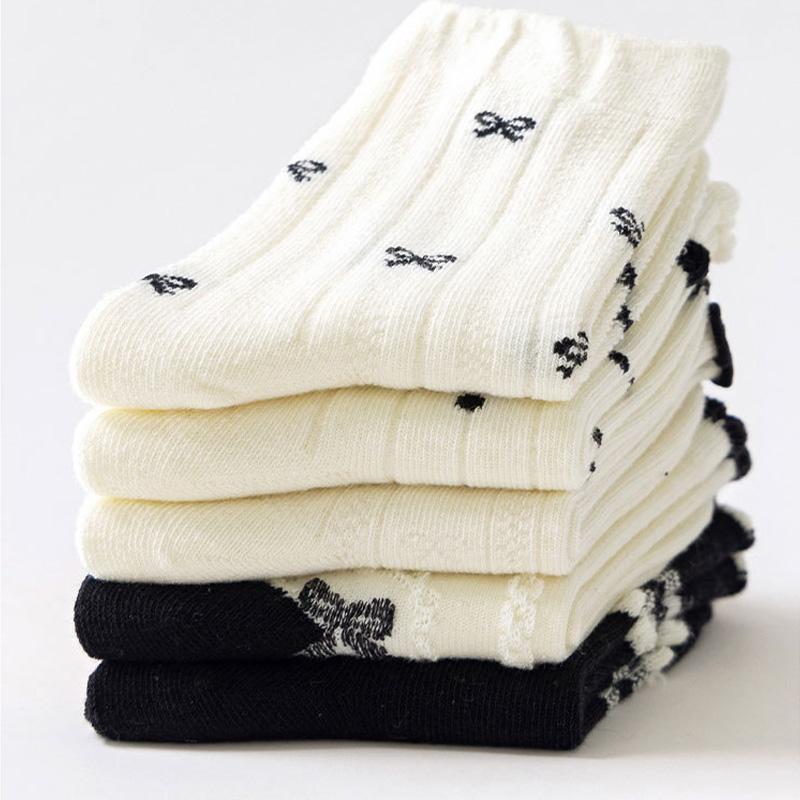 5Pairs/Set Korean Bow Baby Girl Socks Sweet Plaid Dot Print Toddler Princess Socks Summer Thin Breathable Kids Middle Tube Socks