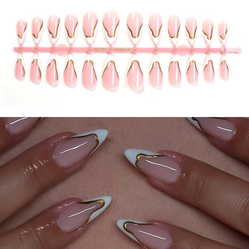 1 Set Unghie Artificiali French Tip Unghie Finte Staccabili Press On Unghie Mandorla Copertura Totale Unghie da Incollare per Donna