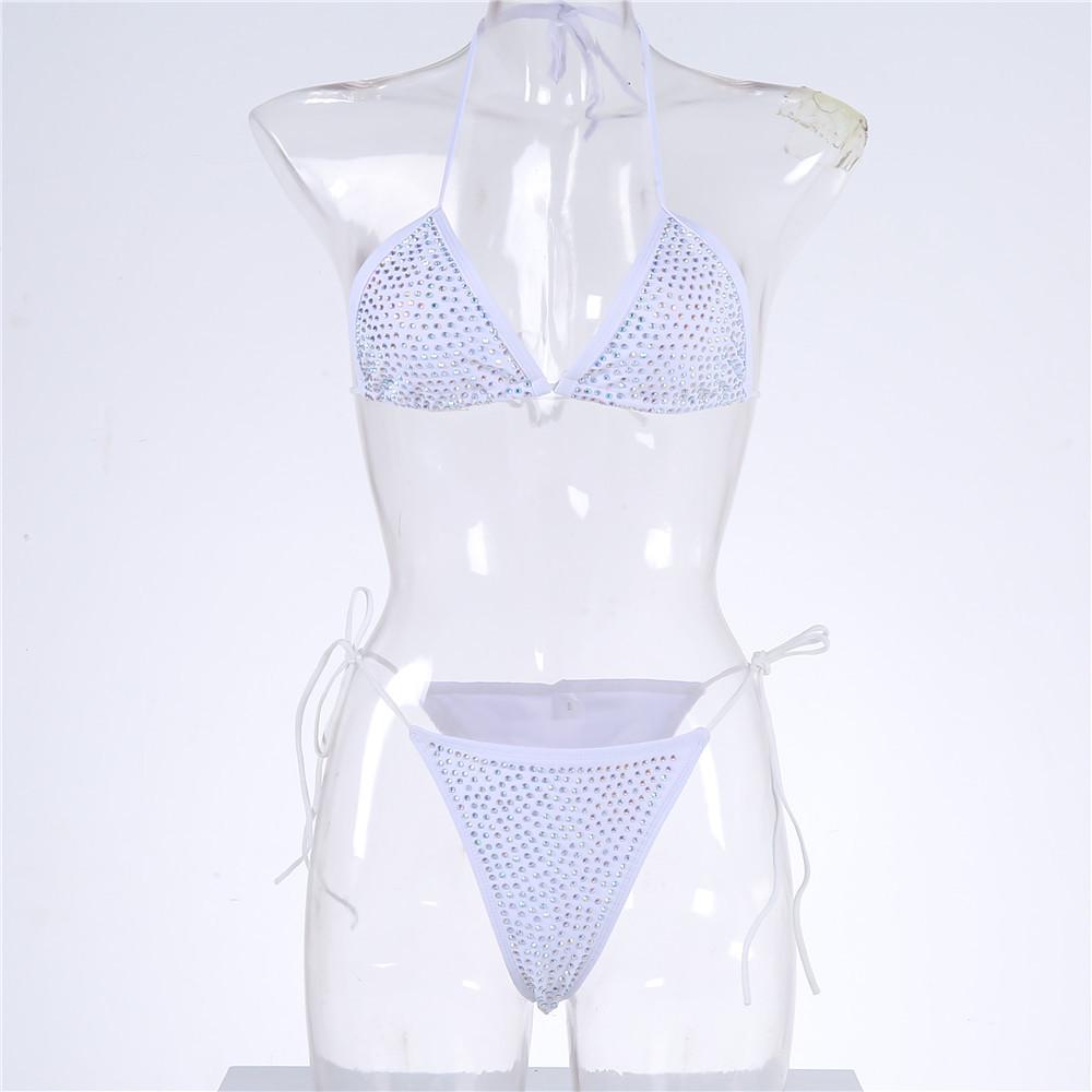 European & American Sexy Rhinestone Bandage Halter Bikini - Solid Color
