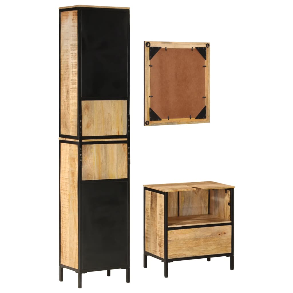 3 Piece Bathroom Furniture Set Iron and Solid Mango Wood